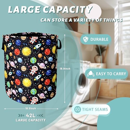 Funny Astronaut Laundry Basket Oxford Cloth Foldable Hamper 18.9x16.5In - color: Funny Astronaut Colorful Planet