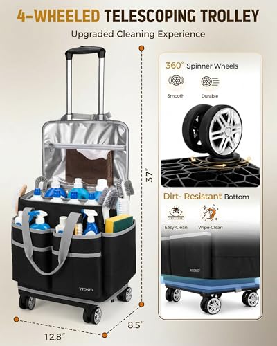 Ytonet Rolling Cleaning Caddy Bag with Apron, Cleaning Caddy with 4 Wheels - color: Black