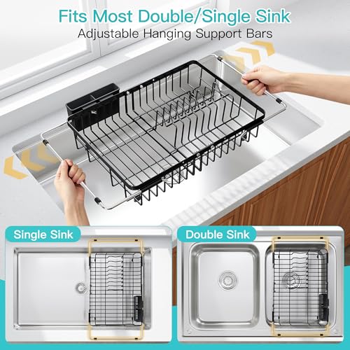 JASIWAY Black Dish Drying Rack Over the Sink with Utensil Holder - color: Black, size: For 12.5"-30"w Sink, Expandable