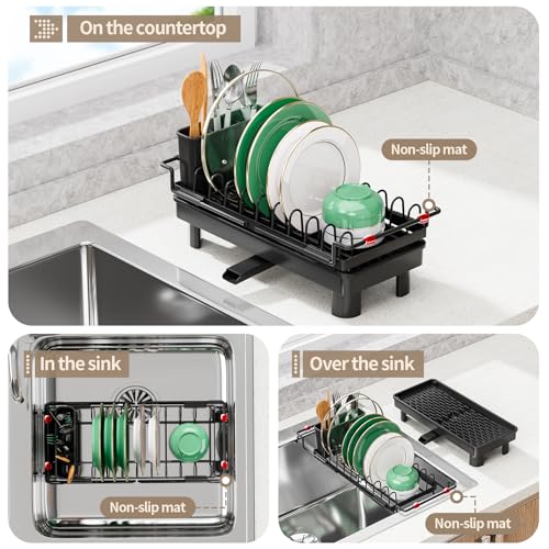 Expandable Over Sink Dish Rack, Small Dish Drying Rack with Drip Tray - color: Deepblack