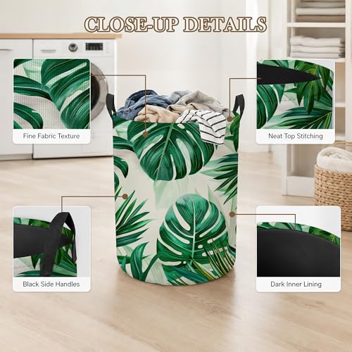 Tropical Leaves Laundry Basket, Green Foliage Collapsible Laundry Hamper Waterproof Oxford Cloth With Handles, Clothes Storage Bucket For Bathroom/Bedroom 16" x 20.8" - color: Tropical Leaves