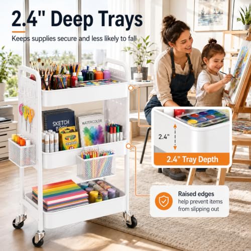 3 Tier White Rolling Storage Cart Metal with DIY Pegboard and Wheels - color: White