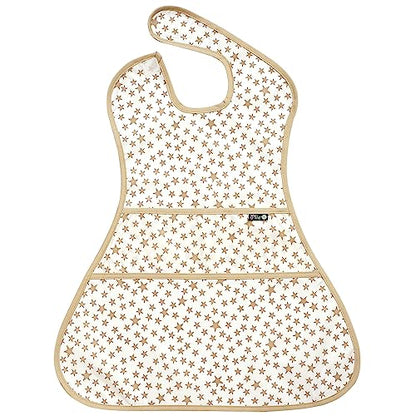 Plie Full Coverage Waterproof Feeding Bib for Toddlers – Extra Long Apron Bib for Mealtime, Self-Feeding, High Chairn - color: Beige Star