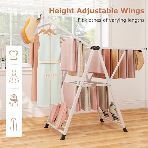 GIANTEX Foldable Metal Clothes Drying Rack, 55.5" Height Adjustable Wings - color: White, size: 55.5"L x 39"-58"H