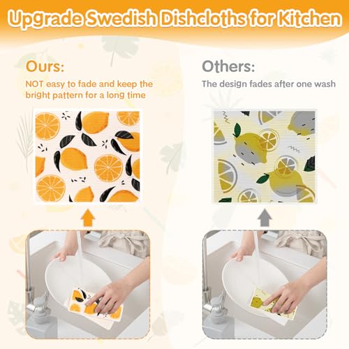 Lucomb 10 Pack Swedish Dishcloths Washable, Reusable Swedish Cloths Biodegradable Kitchen Towels with Hanging Clips, Cellulose Cotton Blend, Lemon Prints - color: 10 Pack-lemon Prints+ Clips