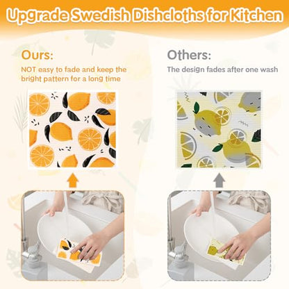 Lucomb 10 Pack Swedish Dishcloths Washable, Reusable Swedish Cloths Biodegradable Kitchen Towels with Hanging Clips, Cellulose Cotton Blend, Lemon Prints - color: 10 Pack-lemon Prints+ Clips