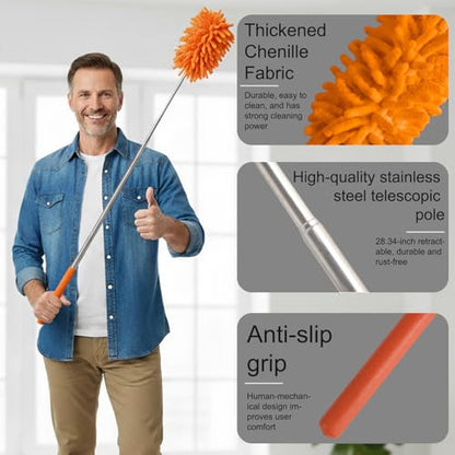 Microfiber Feather Duster with 29 in Telescoping Pole and Bendable Head for Ceiling Fans, Ceilings, Blinds, Furniture and Cars, Orange - color: Orange