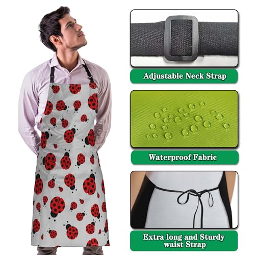 Cute Cooking Apron for Women Red Ladybug Mans Aprons for Cooking Funny for Kitchen Cooking Restaurant BBQ Painting Crafting Gardening 27” (W) x 31” (H), Waterproof Apron - color: Red Ladybug