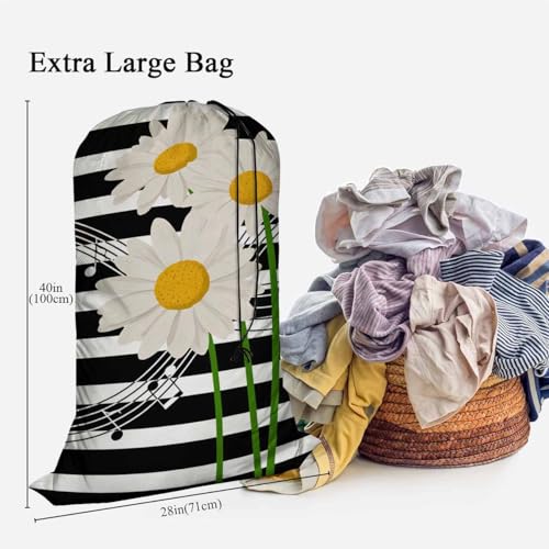 Swono Music Notes Storage Heavy Duty Basket Laundry Bag with Drawstring Daisies On Striped Bouquet Folding Organizer for Travel Washing Machine - color: Music Notes