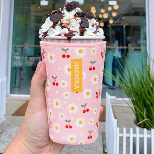 Reusable Insulated Neoprene Iced Coffee Cup Sleeve, Durable Drink Sleeve for Cold Beverages, Beverage Holder for Iced Coffee (Cherry Daisies) - color: Cherry Daisies