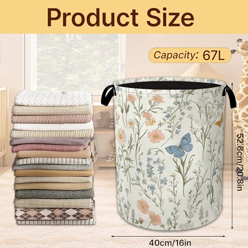 Collapsible Laundry Basket,Wildflowers Butterfly Waterproof Oxford Cloth Hamper with Handles,Plants 16 x 20.8 Inch Portable Storage Organizer for Laundry Room Bedroom - color: Wildflowers Butterfly,Plants