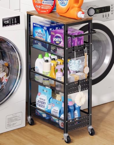 Laundry Room Slim Rolling Cart with Wheels for Between Washer and Dryer Gap - color: Classic Black, size: 9.1″ Wide