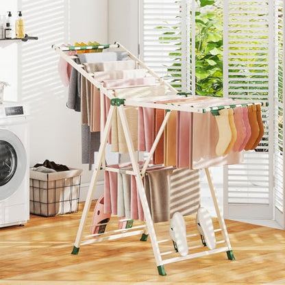 GIANTEX Foldable Metal Clothes Drying Rack, 55.5" Height Adjustable Wings - color: Beige, size: 55.5"L x 39"-58"H
