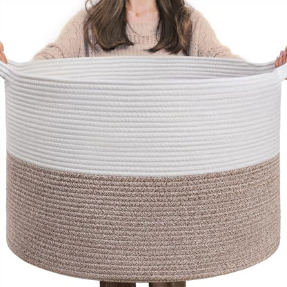 INDRESSME XXXLarge Woven Rope Blanket Basket Living Room Brown, 90L - color: White & Brown, size: 21.7"D x 13.8"H
