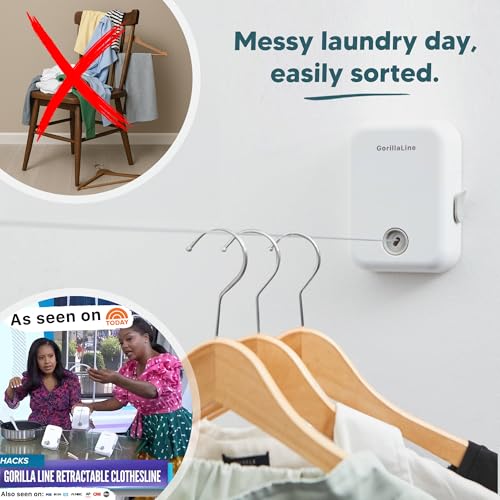 GorillaLine - Retractable Clothesline Indoor Outdoor Clothes Line | Heavy Duty Clothes Drying Laundry Line | Wall Mounted Drying Rack Clothing Line - color: White