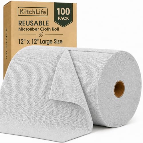 Microfiber Cleaning Cloth Roll, 100 Pack 12 x 12 Inch Tear Away Reusable Paper Towels, Thick Cleaning Towels, Absorbent Lint Free Washable Rags for Kitchen, Car, Garage and Workshop - Light Gray - color: Light Gray