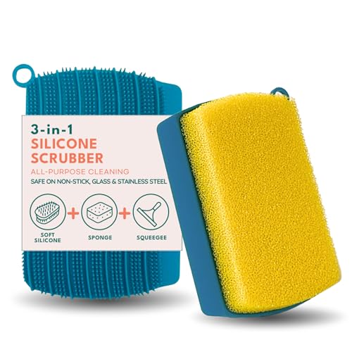 3-in-1 Silicone Scrubber Sponge with Squeegee – Non-Scratch Kitchen Sponge for Dishes, Sink & Bathroom, Quick-Dry, Reusable Cleaning Tool (Teal +Yellow) - color: Teal +Yellow