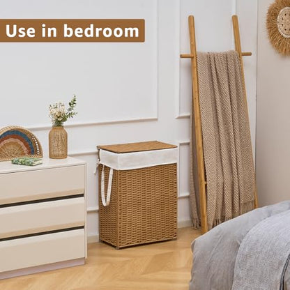 Slim Laundry Hamper with Lid, Handwoven Natural Water Hyacinth Basket - color: Brown, size: 65L