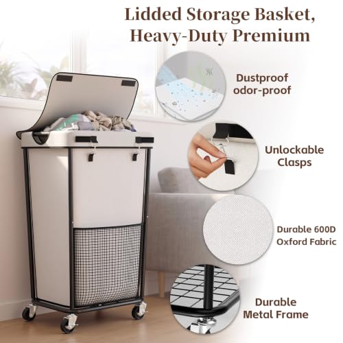 Laundry Hamper with Wheels and Lid, 110L Large Rolling Laundry Basket White - color: White, size: 110L