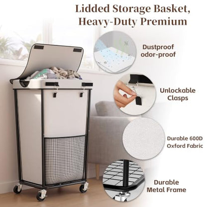 Laundry Hamper with Wheels and Lid, 110L Large Rolling Laundry Basket White - color: White, size: 110L