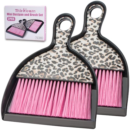 THINKLEARN 2PCS Small Dust Pan and Brush Set, Mini Broom Dustpan Kit - color: Pink
