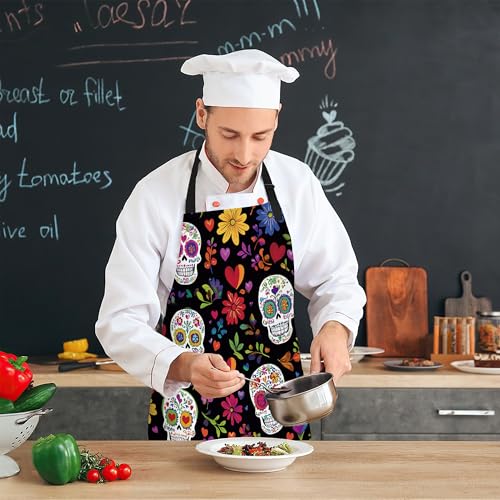 Cooking Aprons for Men and Women,Adjustable Bib Chef Apron with 2 Pockets, Soft and Durability Kitchen Apron - color: Mexican Skull Sugar Skull Day of the Dead