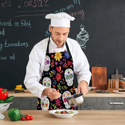 Cooking Aprons for Men and Women,Adjustable Bib Chef Apron with 2 Pockets, Soft and Durability Kitchen Apron - color: Mexican Skull Sugar Skull Day of the Dead