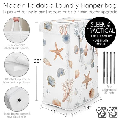 Sweet Jojo Designs Laundry Hamper (Ocean Seashells) for Boys and Girls, Foldable Dirty Clothes Basket with Handles for Baby Nursery, Kids Bedroom, Teen Bathroom (Nautical, Beach Theme, Watercolor) - color: SeaShell