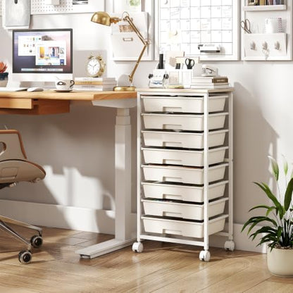 Giantex 8 Drawers Rolling Cart with Wheels, Wood Top, Sturdy Frame - color: White, size: 8 Drawer-15"x11"x30"