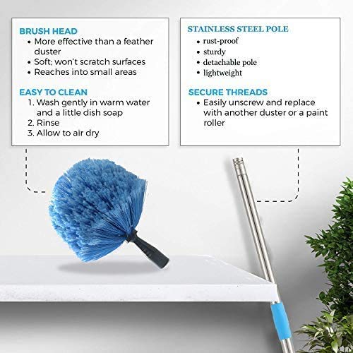 Cobweb Duster with Pole, 4ft Stainless Steel Pole Cobweb Brush with Medium-Stiff Bristles for Walls Beams Shelves Iight Fixtures and Window Screens - size: 4 Foot