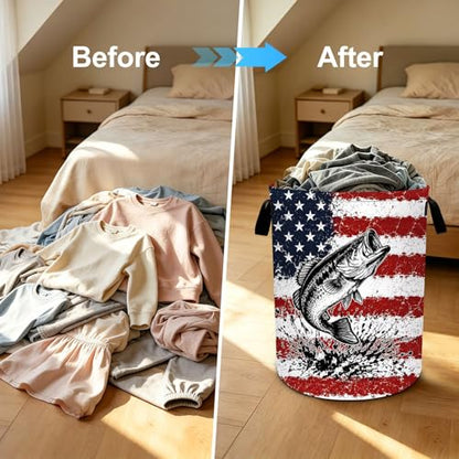 Fish Bass Laundry Basket Collapsible Oxford Laundry Hamper Clothes Storage Bin with Handles for Bedroom Bathroom Laundry Room 19.6 x 15.7 Inches - color: Fish Bass