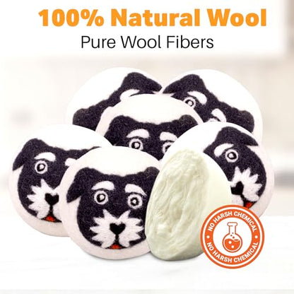 Wool Dryer Balls 6-Pack 100% Natural New Zealand Wool, Handmade in Nepal Reusable Laundry Balls, Faster Drying, Softer Clothes, Anti-Static, Dryer Sheets Alternative (Black White, Dog) - color: Black White Dog