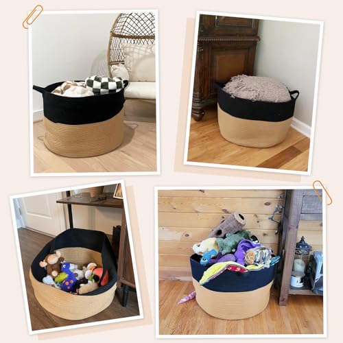 INDRESSME XXXLarge Woven Rope Blanket Basket Living Room Black Camel, 90L - color: Black & Camel, size: 21.7"D x 13.8"H