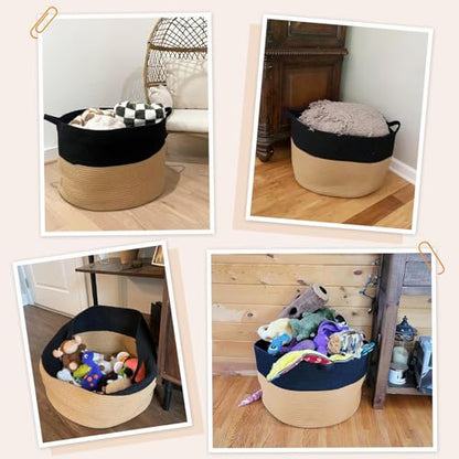 INDRESSME XXXLarge Woven Rope Blanket Basket Living Room Black Camel, 90L - color: Black & Camel, size: 21.7"D x 13.8"H