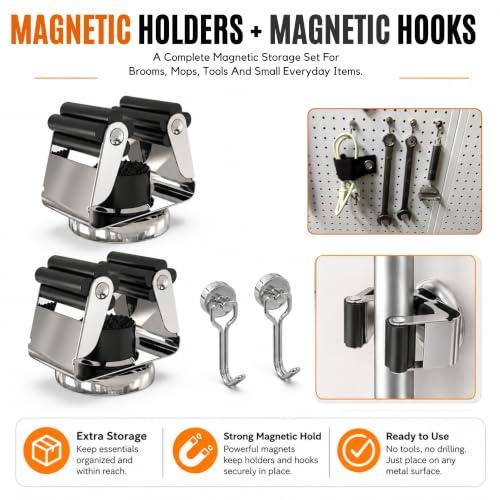 3-H 2 Pack Magnetic Broom Holder with 2 Pack Mini Magnetic Hooks,Silver - color: Silver, size: 2pc+2pc(42mm-Magnet)