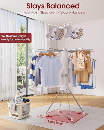 Sakugi Foldable Clothes Drying Rack, 12 Steel Arms, Silent Wheels, 71" H