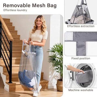 Criusia Laundry Hamper with Lid and Foot Pedal, 100L Fabric Laundry Basket with Removable Mesh Bag, Slim Foldable Design for Bathroom and Laundry Room (Gery)