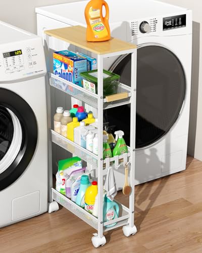 4-Tier Slim Utility Rolling Laundry Cart with Wheels, White - color: White, size: 7.2''