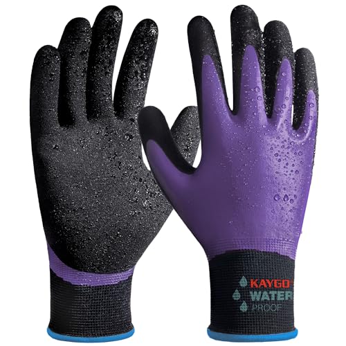 KAYGO Waterproof Work Gloves, Non-Slip Double Latex Coated, KG150 - color: Purple, size: Medium