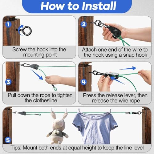 TooTaci Outdoor Clothesline Kit, 30ft 3/16" Green PVC Coated Clothes Cable - size: 30ft