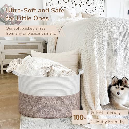 INDRESSME Large Woven Rope Blanket Basket Living Room Brown, 65L - color: White & Brown, size: 19.7"D x 12.6"H