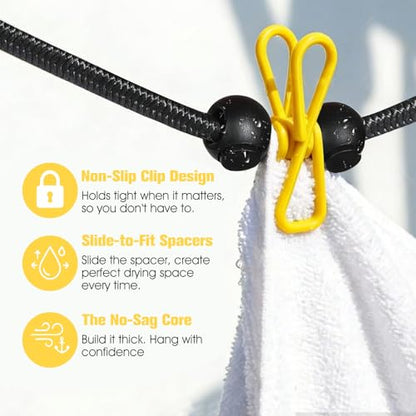 Clothesline Camping Essentials, Elastic Travel Clothes Line Camping Gear for Outdoor Glamping, Cruise and RV Must Haves, 4 Count