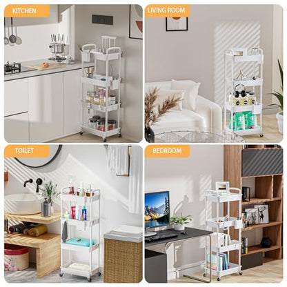 4 Tier Rolling Utility Cart with Handle,REBECAT Utility Cart Made of Multifunctional Storage Organizer Tool for Kitchen,Bathroom,Living Room,Office(White) - color: White