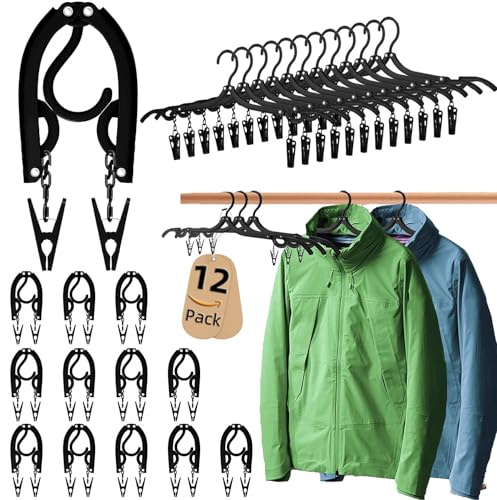 12pcs Black Travel Hangers with 24pcs Clips Foldable for Suitcase, Portable Folding Clothes Hangers, Cruise Ship Essentials Drying Rack for Portable Travel Accessories - size: 12pcs Black With Clips