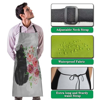 Cook Apron Women Black Cat and Watercolor Flower Mans Aprons for Grilling for Kitchen Cooking Restaurant BBQ Painting Crafting Gardening 27” (W) x 31” (H), Waterproof Aprons - color: Cat and Flower