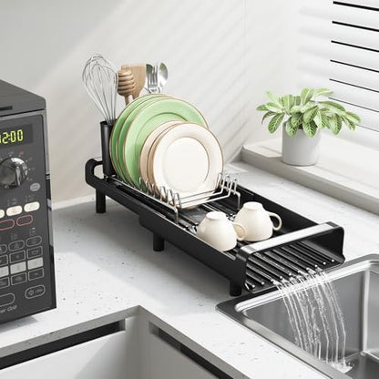 TOOLF Small Dish Drying Rack, Expandable and Space-Saving, Matte Black - color: Matte Black