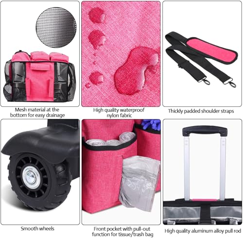 Rolling Cleaning Caddy Bag Built-in Hard Plastic Sheet Detachable Trolley - color: Rose Red