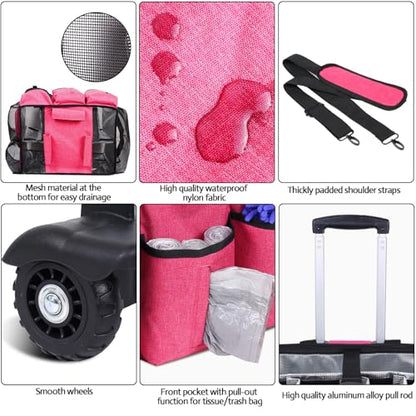 Rolling Cleaning Caddy Bag Built-in Hard Plastic Sheet Detachable Trolley - color: Rose Red