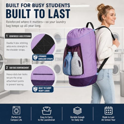 Backpack Laundry Bag, Durable polyster Laundry Backpack Bag with Shoulder Straps, Drawstring Closure & Mesh Pocket, Large Clothes Hamper for Dorm, Travel, Laundromat (Purple) - color: Purple