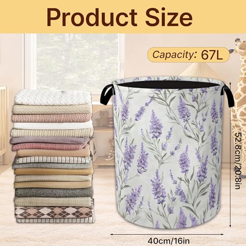 Lavender Floral Laundry Basket Collapsible with Handles,Botanical Waterproof Oxford Cloth Hamper,16 x 20.8 Inch Storage Organizer for Bathroom Bedroom Dorm - color: Lavender Floral,Botanical